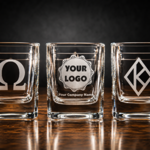 Three clear square whiskey glasses with custom etched omega, logo, and geometric insignia designs on a polished wood surface.