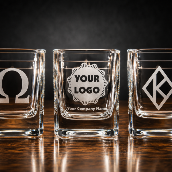 Three clear square whiskey glasses with custom etched omega, logo, and geometric insignia designs on a polished wood surface.