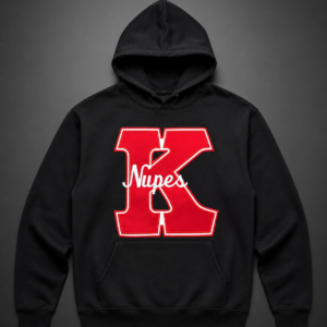 Custom black pullover hoodie with oversized old English blackletter varsity letter appliqué and cream ribbon banner scroll with custom script text below.