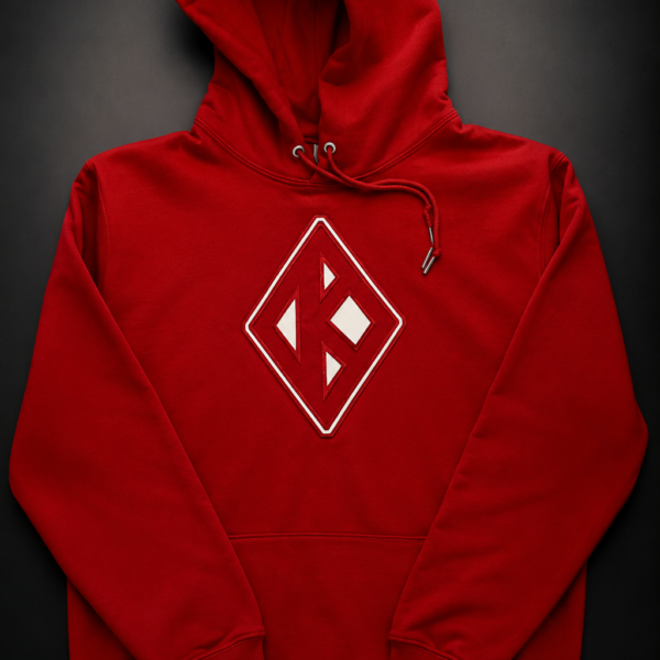 Custom crimson pullover hoodie with tonal satin diamond insignia graphic featuring interlocking letter monogram and white embroidered border outline on front chest.