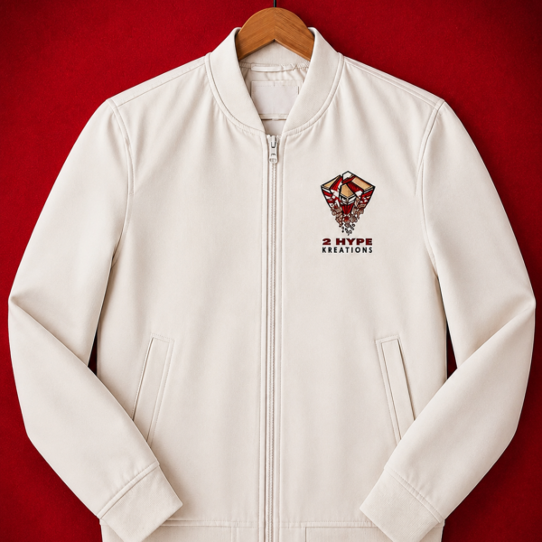 Custom cream full-zip bomber jacket with multi-color embroidered logo and insignia on left chest displayed on natural wood hanger against red background showing full garment silhouette.