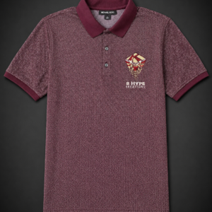 Custom embroidered maroon Michael Kors diamond jacquard polo with full-color logo embroidery on chest and classic ribbed collar.