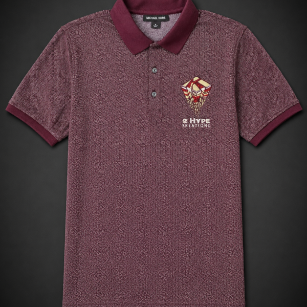 Custom embroidered maroon Michael Kors diamond jacquard polo with full-color logo embroidery on chest and classic ribbed collar.