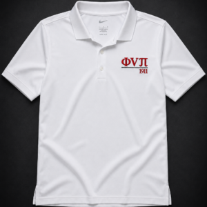 Custom embroidered white Nike Dri-FIT performance polo with crimson Greek letter abbreviation, rule line, and founding year on left chest.