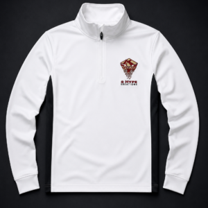 Custom embroidered quarter-zip performance pullover with stand-up collar, contrast black side panels, and full-color logo embroidery on left chest.