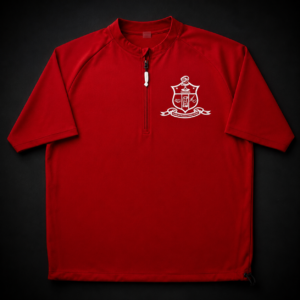 Custom red short-sleeve quarter-zip pullover with white embroidered full heraldic crest on left chest, mock neck collar, and performance athletic fabric.