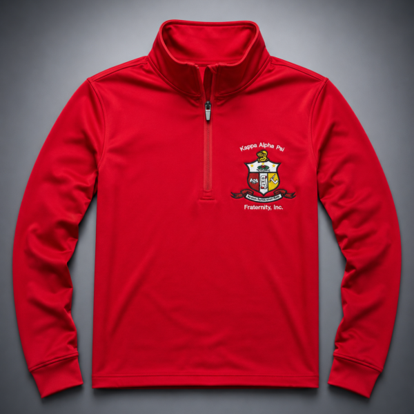 Custom full-color embroidered crimson quarter-zip performance pullover with stand-up collar, contrast side panels, and multi-thread crest embroidery on left chest.