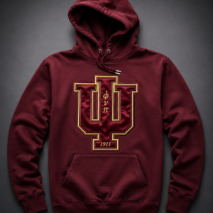 Custom maroon pullover hoodie with oversized tonal satin Psi insignia graphic, gold embroidered border outline, stacked Greek letter abbreviations, and founding year.