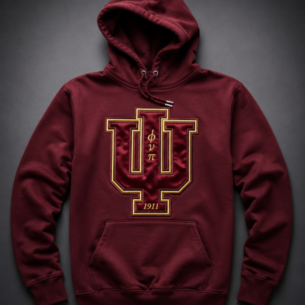 Custom maroon pullover hoodie with oversized tonal satin Psi insignia graphic, gold embroidered border outline, stacked Greek letter abbreviations, and founding year.