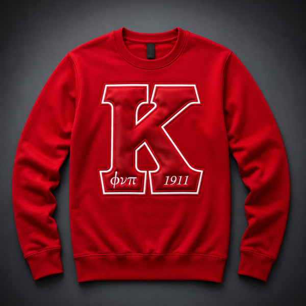 Custom crimson heavyweight crewneck sweatshirt with oversized tonal satin single letter appliqué, white embroidered border outline, and fine interior Greek abbreviation detail text.