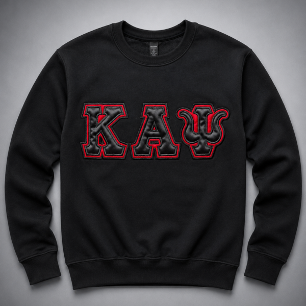 Custom black heavyweight crewneck sweatshirt with oversized tonal satin Greek letter appliqué, black inner outline, and crimson embroidered border on chest.