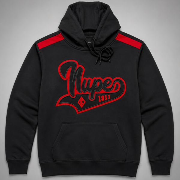 Custom two-tone black and red pullover hoodie with dimensional script appliqué, raised black embroidery, red outline border, diamond insignia, and swoosh underline detail.