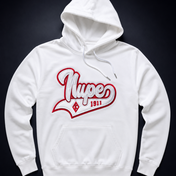 Custom white pullover hoodie with dimensional script appliqué, raised white embroidery, red outline border, diamond insignia, swoosh underline, and silver aglet drawstrings.