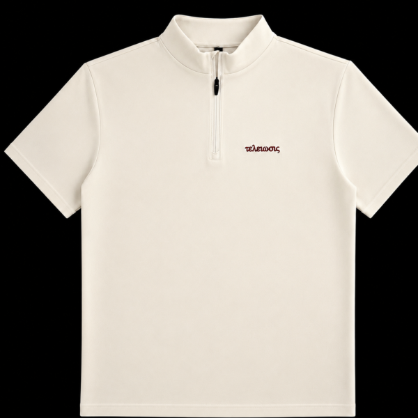 Custom red short-sleeve quarter-zip pullover with white embroidered full heraldic crest on left chest, mock neck collar, and performance athletic fabric.