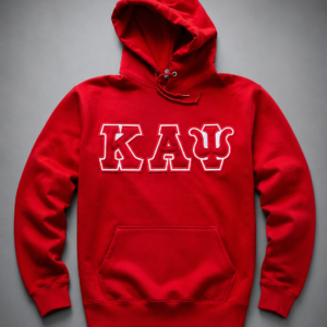 Custom crimson pullover hoodie with tonal crimson satin Greek letter appliqué, white embroidered border outline, and silver aglet drawstrings showing full garment.