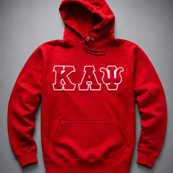 Custom crimson pullover hoodie with tonal crimson satin Greek letter appliqué, white embroidered border outline, and silver aglet drawstrings showing full garment.