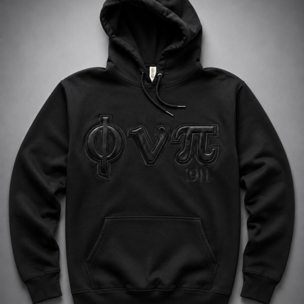 Custom black pullover hoodie with stealth tonal black satin Greek letter appliqué and founding year showing full garment including hood and kangaroo pocket.