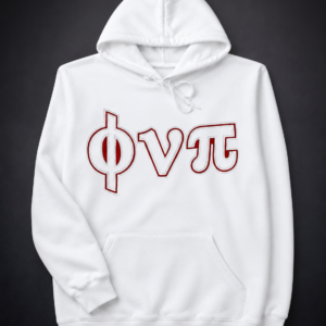 Custom white pullover hoodie with tonal white satin Greek letter appliqué and white embroidered border outline showing full garment including hood, kangaroo pocket, and sleeves.