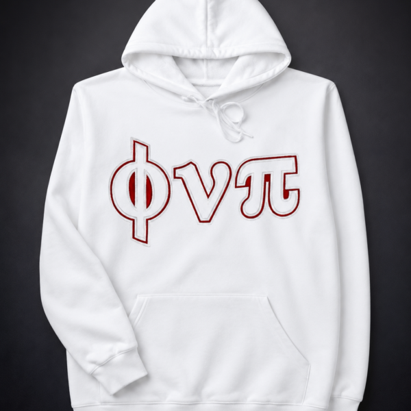Custom white pullover hoodie with tonal white satin Greek letter appliqué and white embroidered border outline showing full garment including hood, kangaroo pocket, and sleeves.