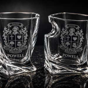 Two custom twisted square whiskey glasses with vivid red insignia designs displayed side by side on dark slate surface.