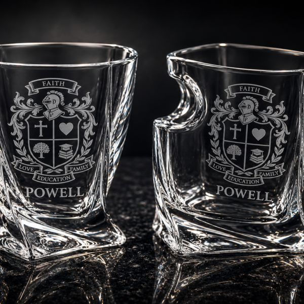 Two custom twisted square whiskey glasses with vivid red insignia designs displayed side by side on dark slate surface.