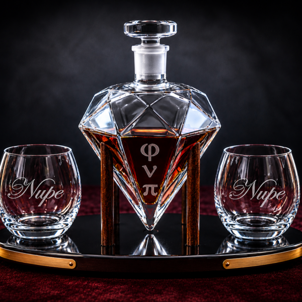 Diamond-faceted crystal decanter set with wooden cradle stand, gold-trimmed oval tray, and two matching crystal stemless glasses with custom etched personalization.