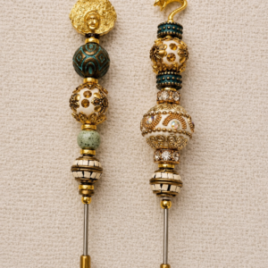 Pair of ivory, teal, and gold beaded cigar nubbers with a medallion face topper on one piece and a serpent topper on the other, displayed on a soft beige background.