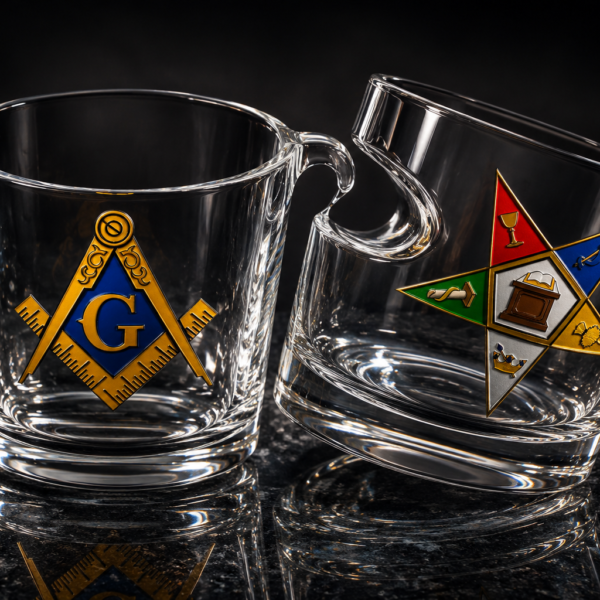 Two custom handled whiskey glasses with full-color enamel Masonic Square and Compass and Order of the Eastern Star insignia on dark granite surface.