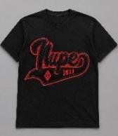 Black short-sleeve tee with red outlined "Nupes" script lettering, diamond accent and 1911