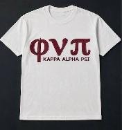 White short-sleeve tee with crimson Phi Nu Pi Greek letters above KAPPA ALPHA PSI