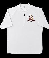 White short-sleeve quarter-zip athletic top with screen-printed coat of arms on the left chest