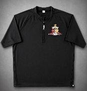 Black short-sleeve quarter-zip athletic top with screen-printed coat of arms on the left chest