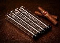 Row of clear acrylic cigar tubes with screw-on caps, several holding cigars