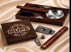 Brown leather-look folding cigar case engraved NUPE with stainless ashtray, cutter and cigar on satin