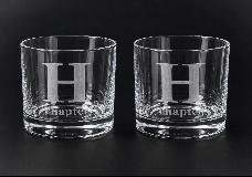 Two heavy-base 11 oz rocks glasses etched with a monogram initial