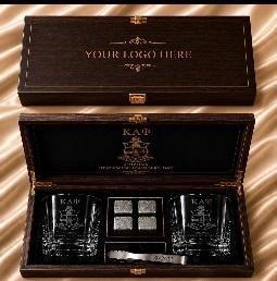 Dark wood presentation box open to show two engraved KAP glasses with whiskey stones and tongs