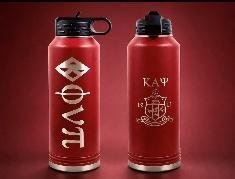 Two red 40 oz insulated water bottles, one engraved Phi Nu Pi and one with a fraternity crest