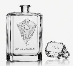 Flat square glass decanter etched with a diamond design and 2HYPE KREATIONS, with a hanging tag