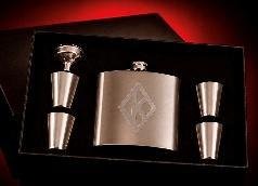 Brushed stainless hip flask with diamond insignia, funnel and two shot cups in a black presentation box