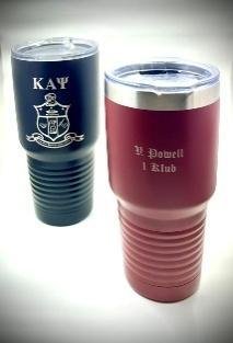 Navy and maroon 30 oz insulated tumblers with lids, engraved with a crest and personalization