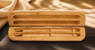 Open maple two-groove pen case on champagne satin