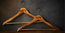 Two maple wood clothes hangers engraved with Greek lettering and NUPE