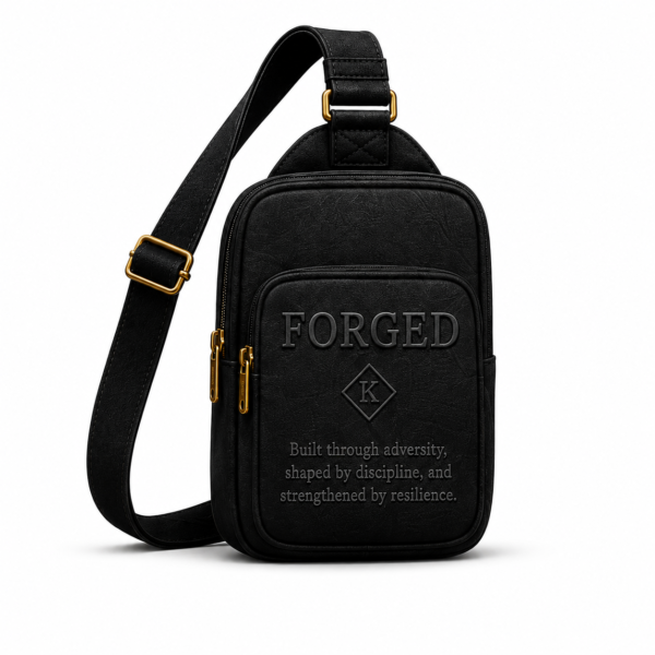 Forged black leather crossbody bag with gold-tone hardware