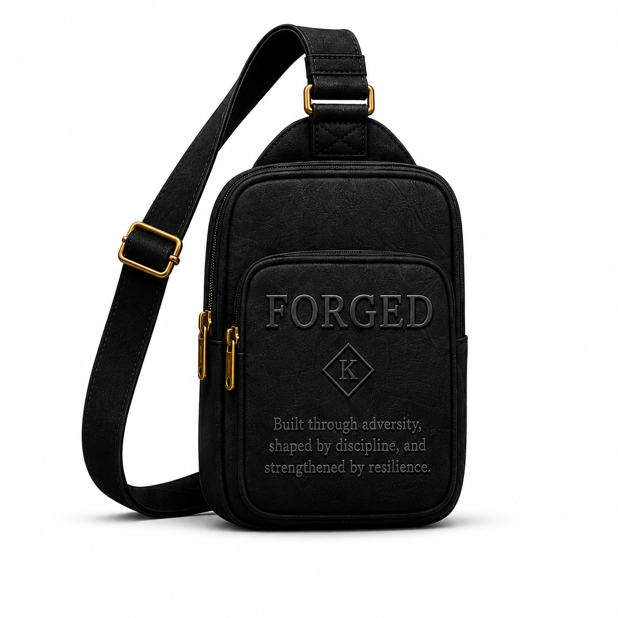 Forged black leather crossbody bag with gold-tone hardware