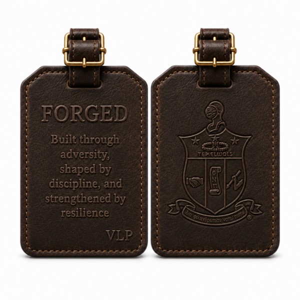 Forged brown leather luggage tag front and back views side by side