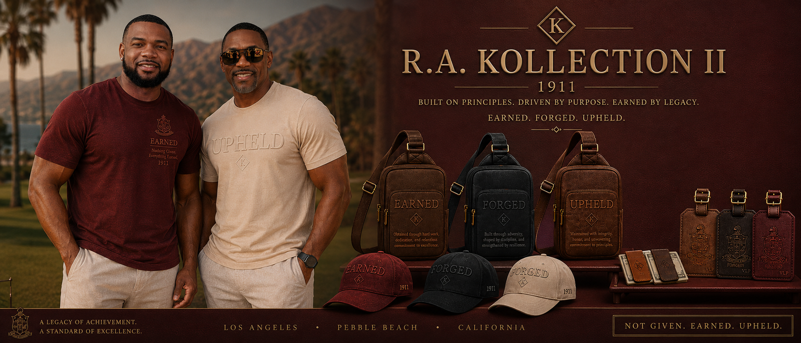 Two Kappa Alpha Psi members wearing R.A. Kollection II Earned crimson and Upheld cream tees, displayed alongside the collection's crossbody sling bags, structured caps and debossed leather luggage tags.