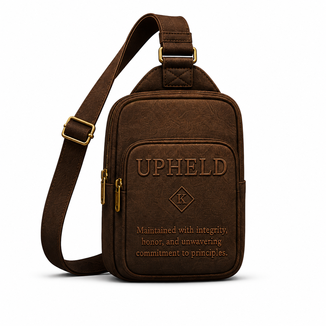 Upheld espresso leather crossbody bag with embossed front design